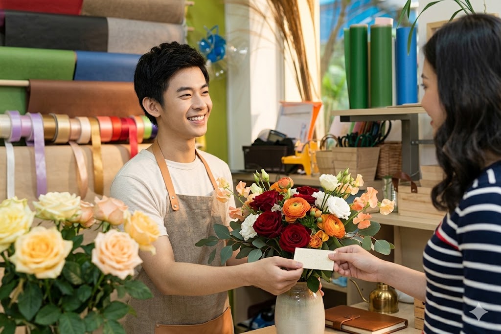 Flower arrangement process at Flowers At Your Doors